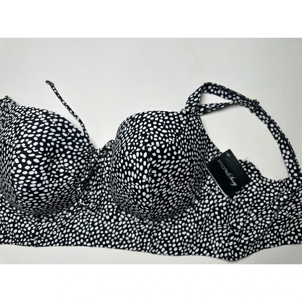 Smart & Sexy Black White Polka Dot Underwire Longline Bikini Swim Top NWT 42DD